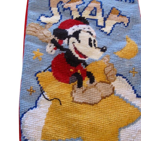 Disney Mickey Mouse Needlepoint Stocking Santa Hat Wish Upon a Star Vintage 19" - Picture 2 of 4